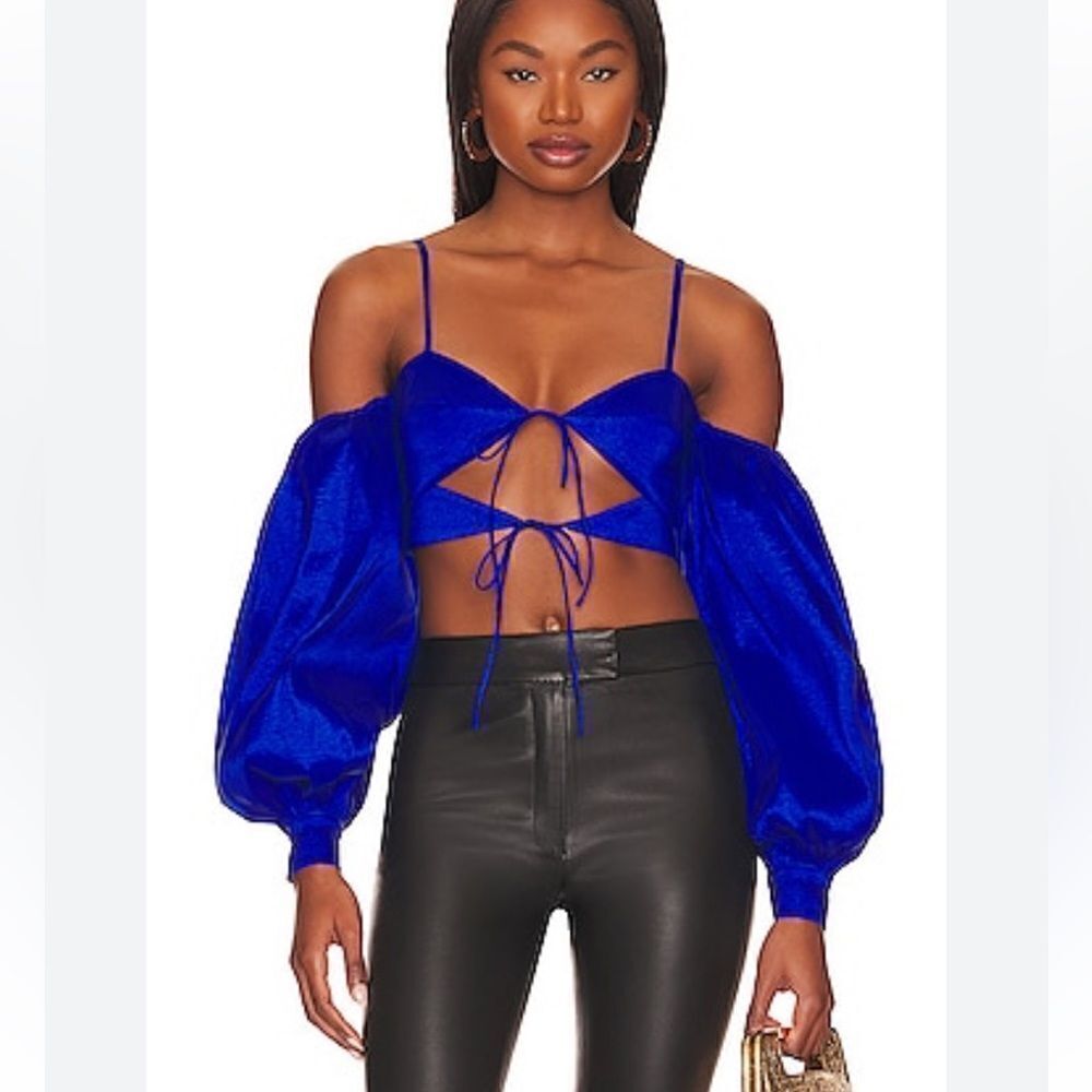 NBD Haleh Top Bright Blue Cropped Tie Cut Out Puff Sleeve Blouse Revolve Sz XS